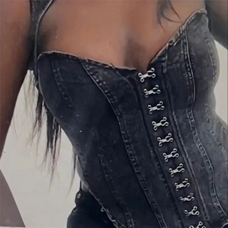 Denim Hollow Out Tank Top Women Y2K Spicy Girl 2023 Fashion Sexy Slim Fit Sleeveless Basic Corset Top
