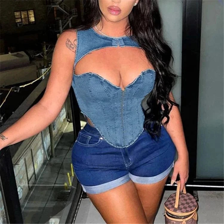Denim Hollow Out Tank Top Women Y2K Spicy Girl 2023 Fashion Sexy Slim Fit Sleeveless Basic Corset Top