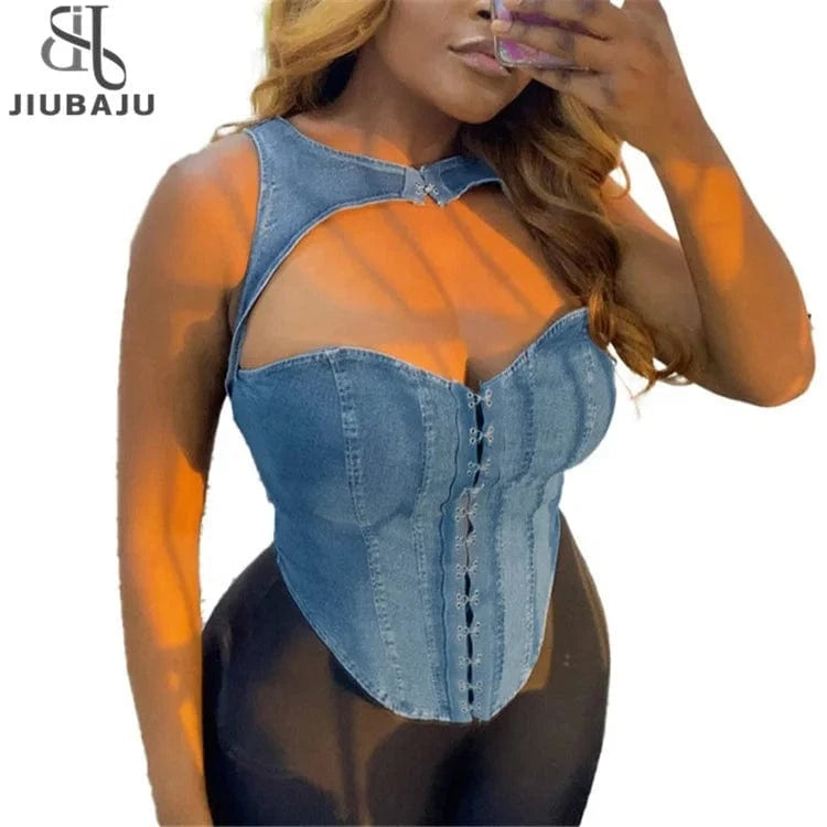 Denim Hollow Out Tank Top Women Y2K Spicy Girl 2023 Fashion Sexy Slim Fit Sleeveless Basic Corset Top