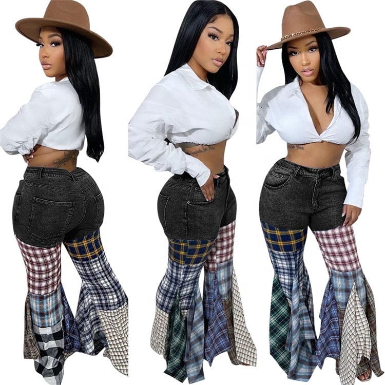 Denim Pants For Women 2023 Patchwork Low Waist Flares Pants Casual Fashion Plaid Print Baggy Pants