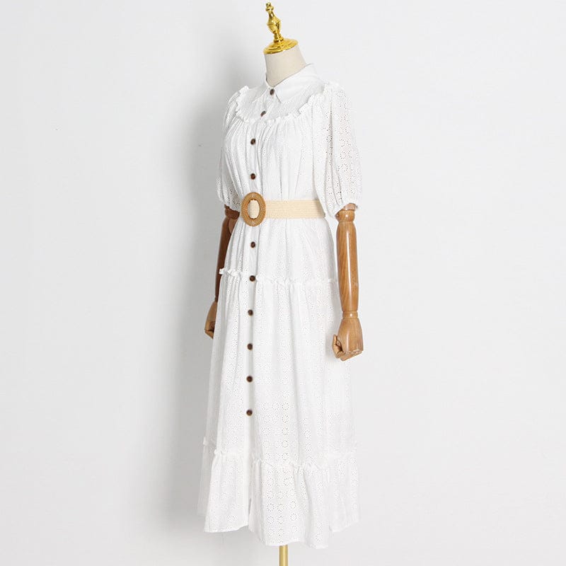 Design Sense Holiday Temperament Elegant Style Long Skirt 2022 Autumn New Lapel Short-sleeved Single-breasted Hollow Dress