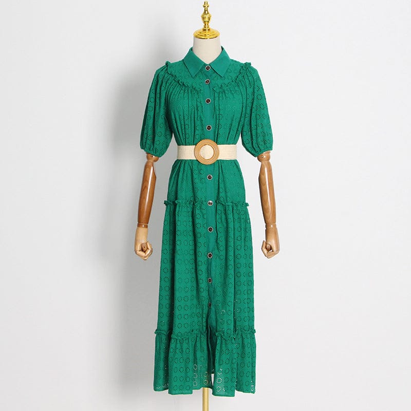 Design Sense Holiday Temperament Elegant Style Long Skirt 2022 Autumn New Lapel Short-sleeved Single-breasted Hollow Dress