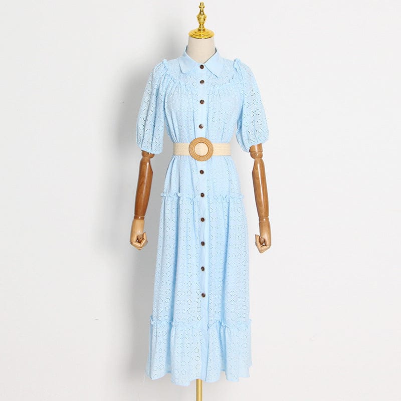 Design Sense Holiday Temperament Elegant Style Long Skirt 2022 Autumn New Lapel Short-sleeved Single-breasted Hollow Dress