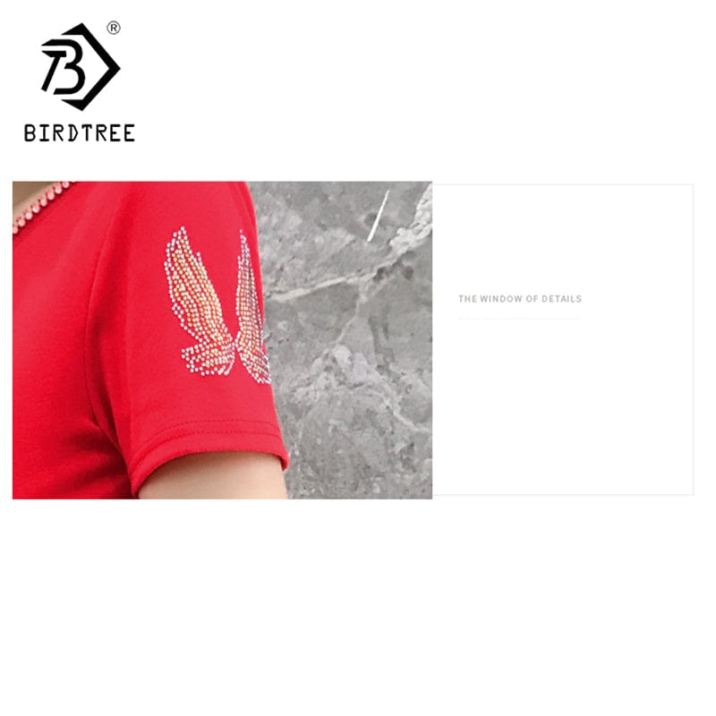 Design Wings Diamonds Beading Handmade T-Shirt Women Black Red New V-neck Slim Short Sleeve Women Tops Tees Summer T25909
