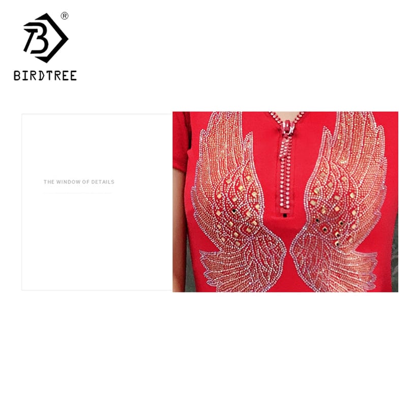 Design Wings Diamonds Beading Handmade T-Shirt Women Black Red New V-neck Slim Short Sleeve Women Tops Tees Summer T25909