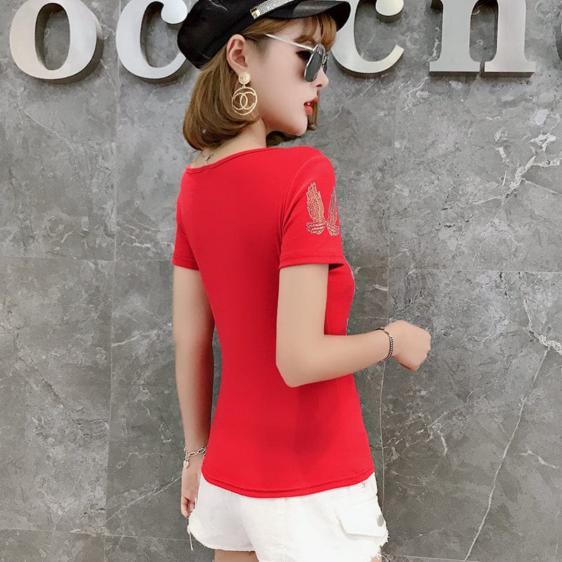 Design Wings Diamonds Beading Handmade T-Shirt Women Black Red New V-neck Slim Short Sleeve Women Tops Tees Summer T25909