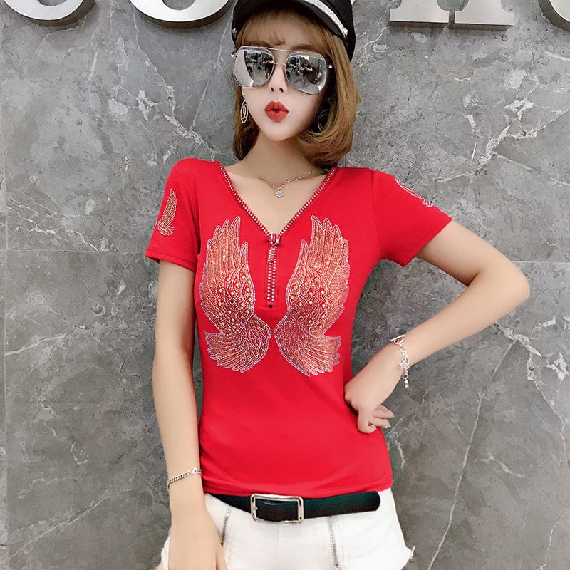 Design Wings Diamonds Beading Handmade T-Shirt Women Black Red New V-neck Slim Short Sleeve Women Tops Tees Summer T25909