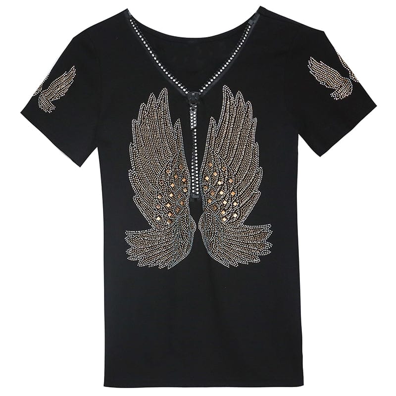 Design Wings Diamonds Beading Handmade T-Shirt Women Black Red New V-neck Slim Short Sleeve Women Tops Tees Summer T25909