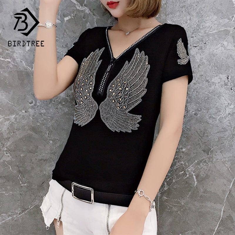 Design Wings Diamonds Beading Handmade T-Shirt Women Black Red New V-neck Slim Short Sleeve Women Tops Tees Summer T25909