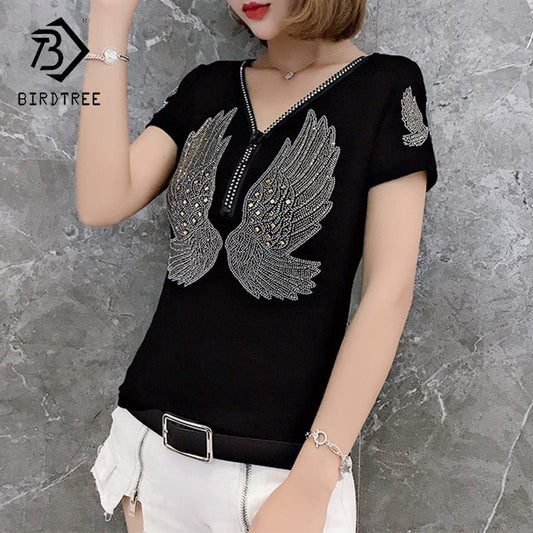 Design Wings Diamonds Beading Handmade T-Shirt Women Black Red New V-neck Slim Short Sleeve Women Tops Tees Summer T25909