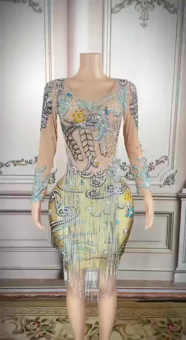 Designer Luxurious Stain Midi Dress Elegant Long Sleeve Black Bodycon Rhinestone Tassel Evening Dress Club Dresses Celebration