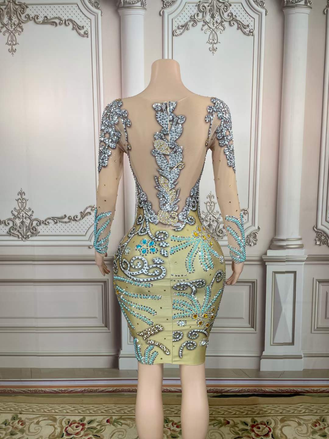 Designer Luxurious Stain Midi Dress Elegant Long Sleeve Black Bodycon Rhinestone Tassel Evening Dress Club Dresses Celebration