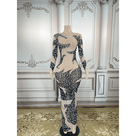 Designer Sparkly Crystal Rhinestone Long Sleeve Bodycon High Slit Long Maxi Dress Sheer Rhinestone Mesh Party Club Maxi Dress