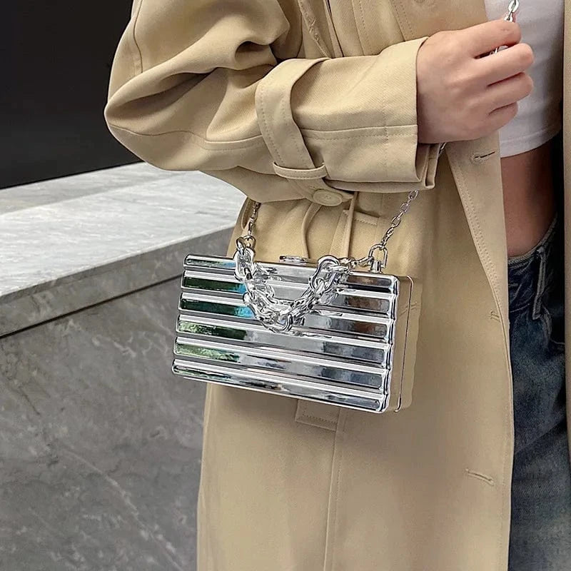 Designer Tin Foil Print Shoulder Bags Luxury Dinner Party Clutch Crossbody Bag Striped Gold Silver Acrylic Box Bag For Women