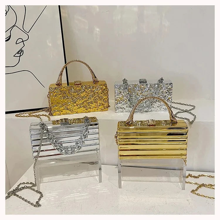 Designer Tin Foil Print Shoulder Bags Luxury Dinner Party Clutch Crossbody Bag Striped Gold Silver Acrylic Box Bag For Women