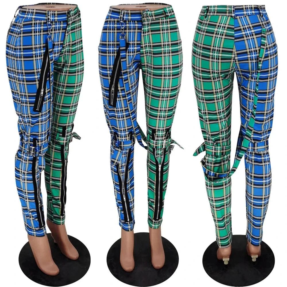 Designer Trendy Print Patchwork Plaid Women's Pants Trousers Hip Hop Y2K Casual Ladies Zipper Stylish Ladies Pants With Straps