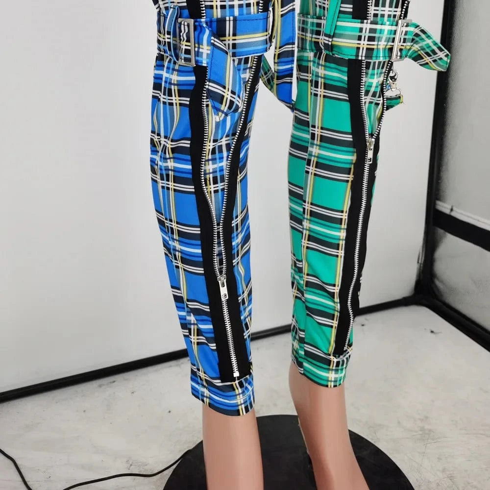 Designer Trendy Print Patchwork Plaid Women's Pants Trousers Hip Hop Y2K Casual Ladies Zipper Stylish Ladies Pants With Straps