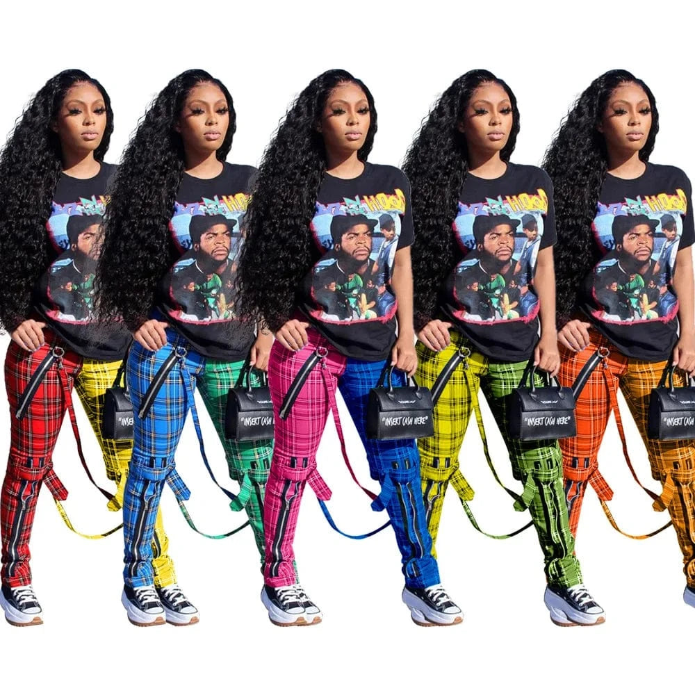 Designer Trendy Print Patchwork Plaid Women's Pants Trousers Hip Hop Y2K Casual Ladies Zipper Stylish Ladies Pants With Straps