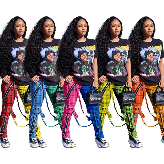 Designer Trendy Print Patchwork Plaid Women's Pants Trousers Hip Hop Y2K Casual Ladies Zipper Stylish Ladies Pants With Straps