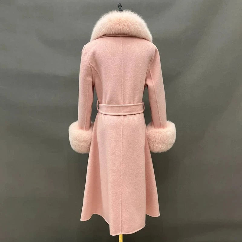 Detachable Fox Fur Collar Cuffs Cashmere Coat Women Elegant Long Wool Coat with Belt