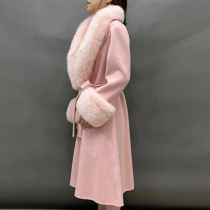 Detachable Fox Fur Collar Cuffs Cashmere Coat Women Elegant Long Wool Coat with Belt
