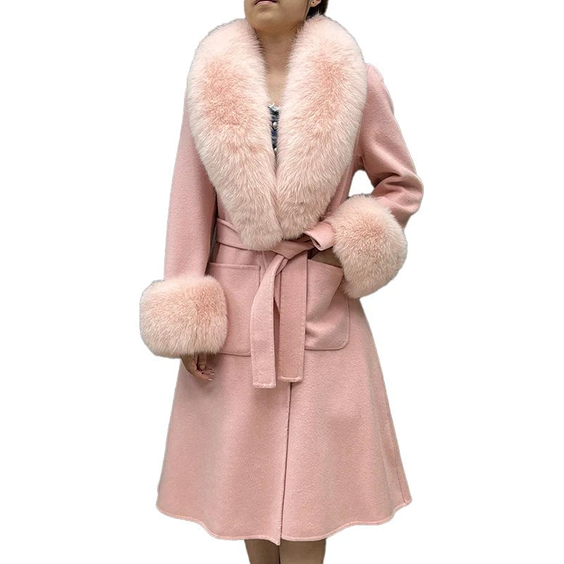 Detachable Fox Fur Collar Cuffs Cashmere Coat Women Elegant Long Wool Coat with Belt