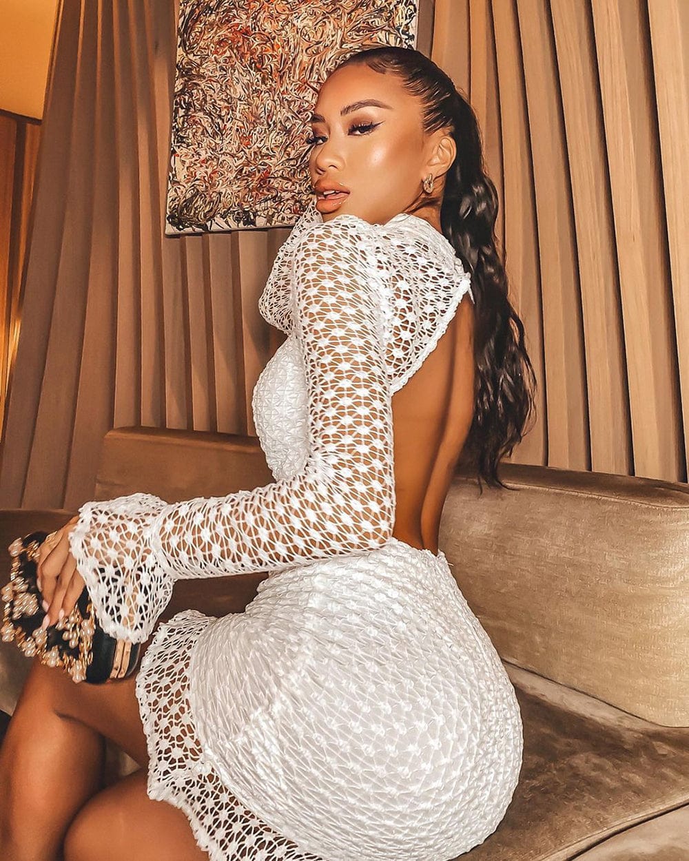 DH7657 Temperament Celebrity Style 2022 New Lace Stitching Dress Sexy Bodycon Mini Dress Hollowed Out Club Party Dress