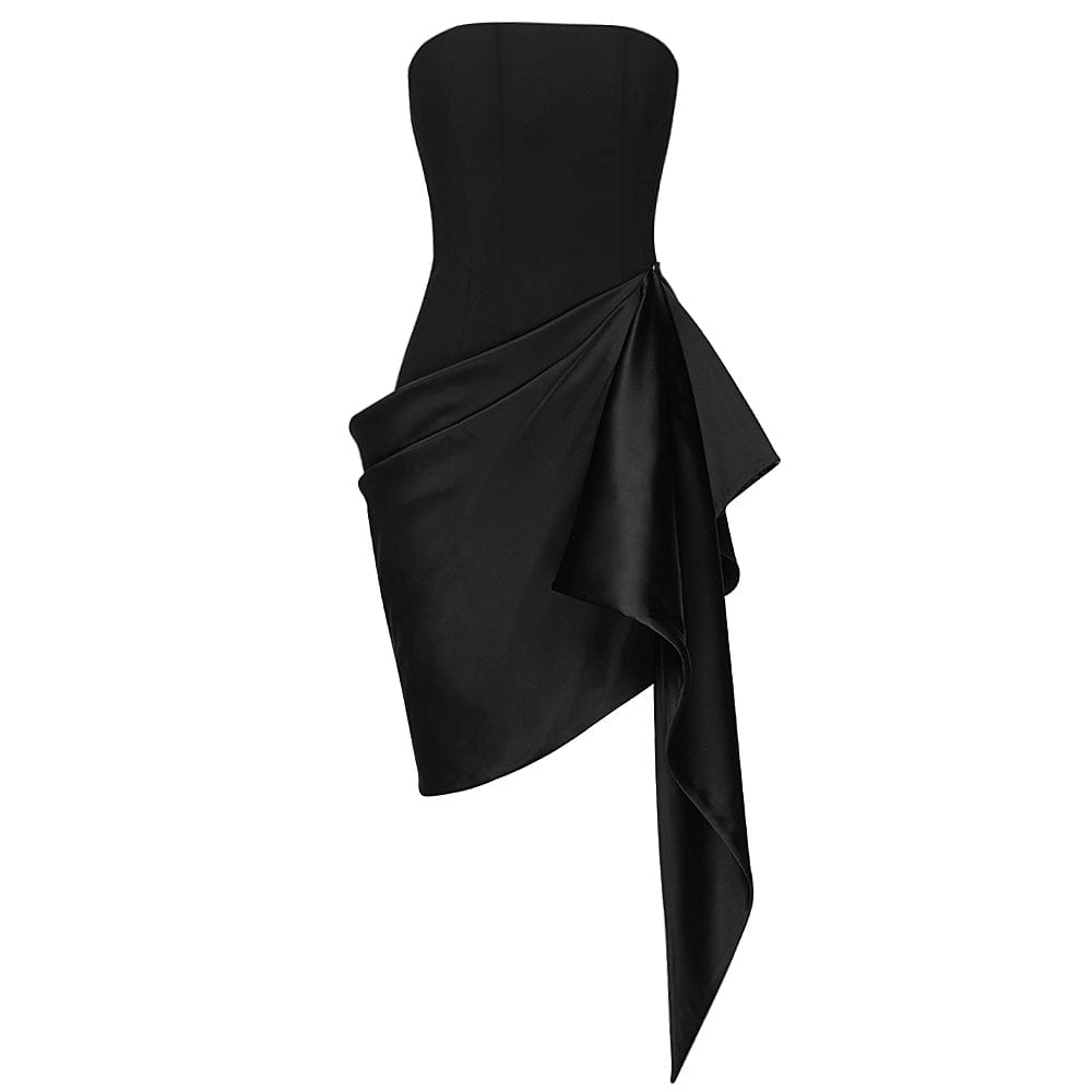 DH7826 Summer New Arrival Irregular Spcling Slik Ruffles Strapless Bodycon Black Elegant Dress