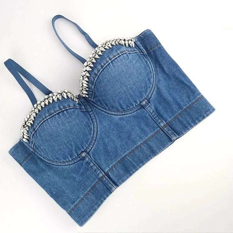 Diamond Denim Sling Vest Sexy Deep V Open Back Women Beach Bra Summer Top