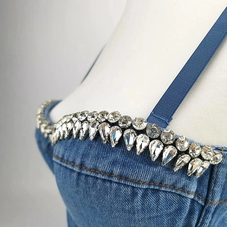 Diamond Denim Sling Vest Sexy Deep V Open Back Women Beach Bra Summer Top