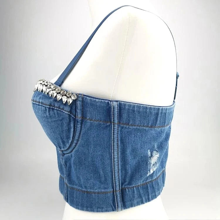 Diamond Denim Sling Vest Sexy Deep V Open Back Women Beach Bra Summer Top