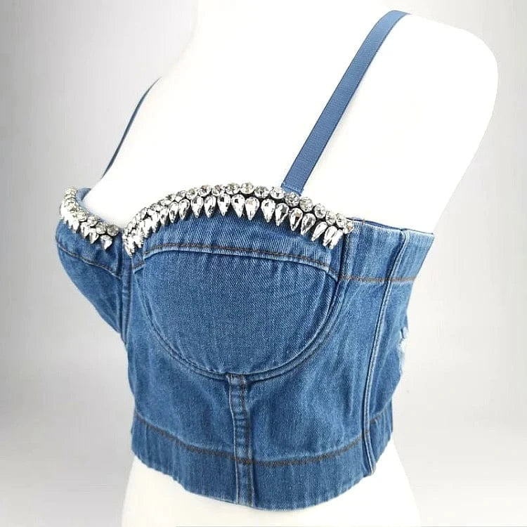 Diamond Denim Sling Vest Sexy Deep V Open Back Women Beach Bra Summer Top