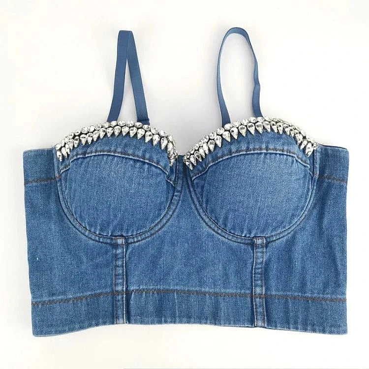 Diamond Denim Sling Vest Sexy Deep V Open Back Women Beach Bra Summer Top