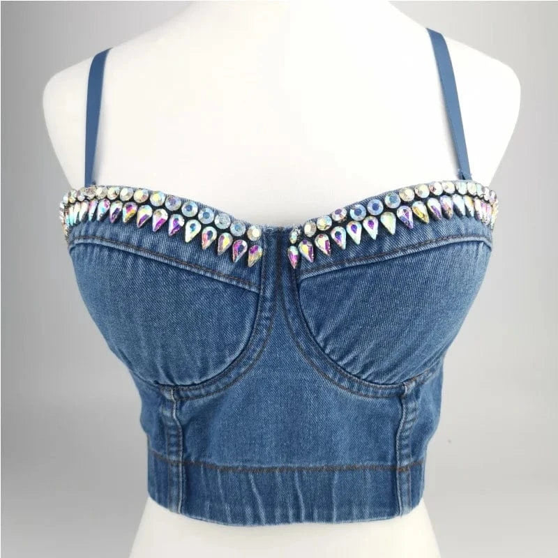 Diamond Denim Sling Vest Sexy Deep V Open Back Women Beach Bra Summer Top