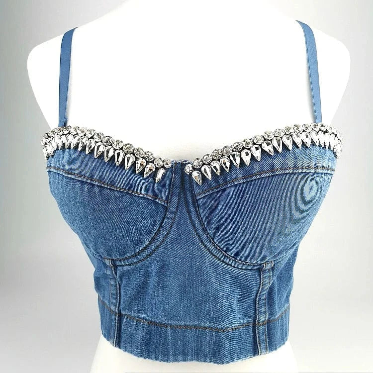 Diamond Denim Sling Vest Sexy Deep V Open Back Women Beach Bra Summer Top