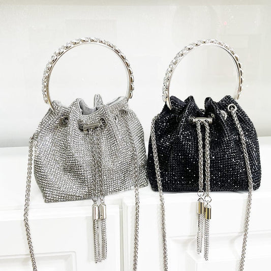 Diamonds Tassel Evening Clutch Bag Women Luxury Designer Chain Metal Ring Handle Shiny Crystal Bucket Purse Bridal Wedding Party