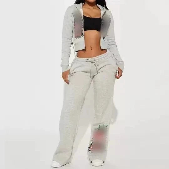 Digital Print Women Long Sleeve Zipper Hoodie Tops And Loose High Waist Pants Jogger Tracksuit Pink 2 Piece Set