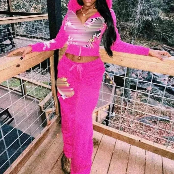 Digital Print Women Long Sleeve Zipper Hoodie Tops And Loose High Waist Pants Jogger Tracksuit Pink 2 Piece Set