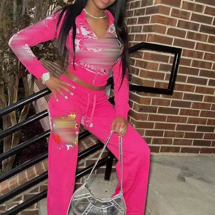 Digital Print Women Long Sleeve Zipper Hoodie Tops And Loose High Waist Pants Jogger Tracksuit Pink 2 Piece Set