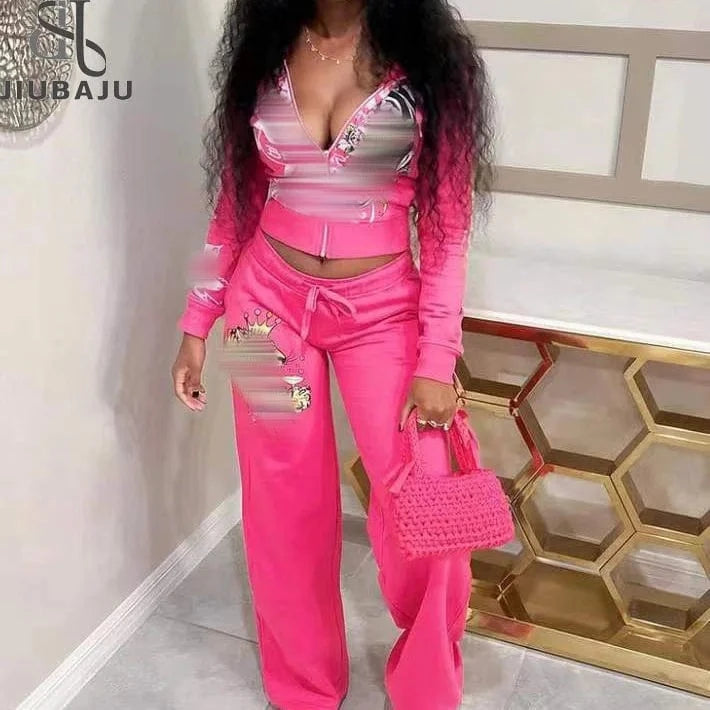 Digital Print Women Long Sleeve Zipper Hoodie Tops And Loose High Waist Pants Jogger Tracksuit Pink 2 Piece Set