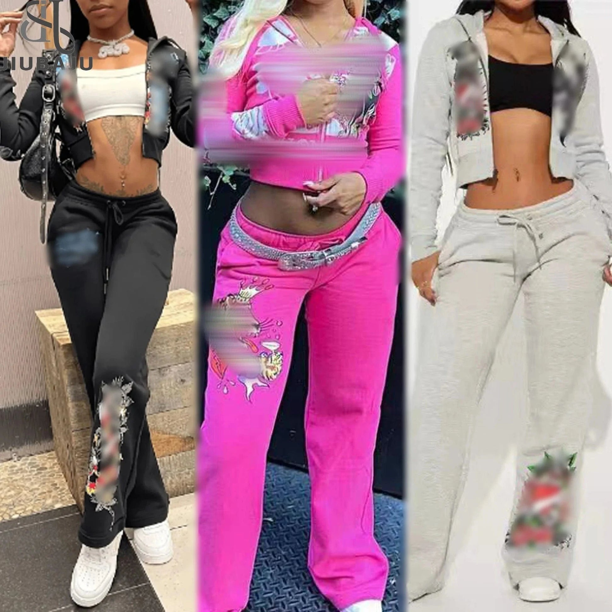 Digital Print Women Long Sleeve Zipper Hoodie Tops And Loose High Waist Pants Jogger Tracksuit Pink 2 Piece Set
