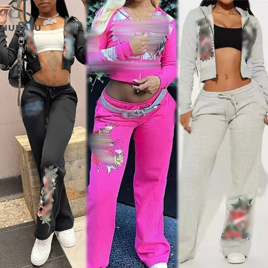Digital Print Women Long Sleeve Zipper Hoodie Tops And Loose High Waist Pants Jogger Tracksuit Pink 2 Piece Set