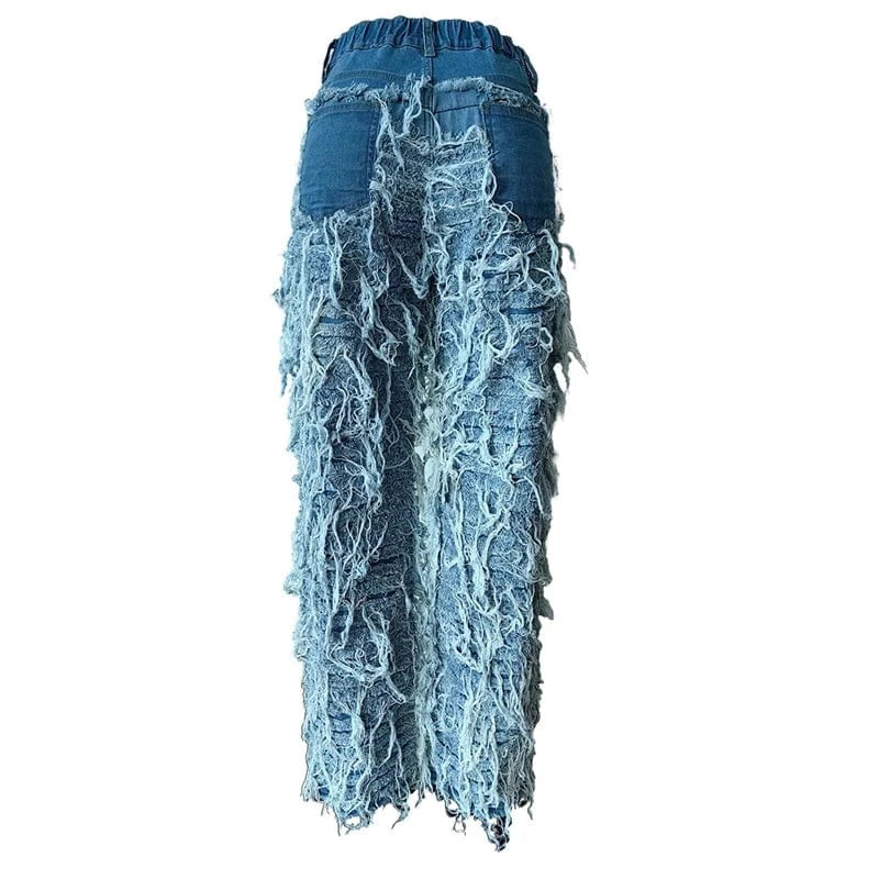 Distressed Fringe Denim Wide Leg Jeans