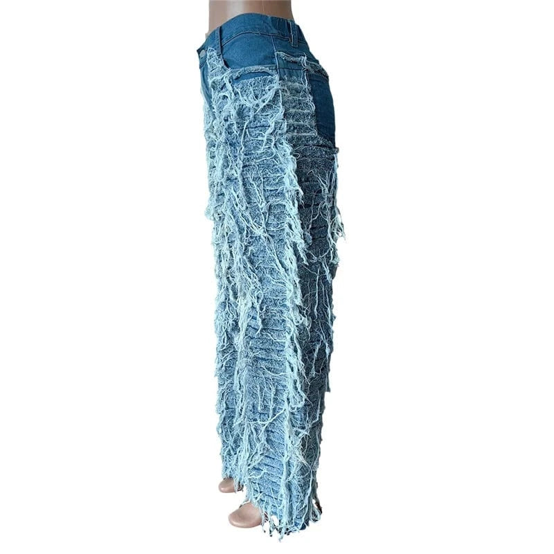 Distressed Fringe Denim Wide Leg Jeans