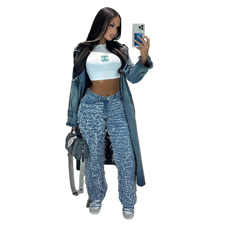 Distressed Fringe Denim Wide Leg Jeans