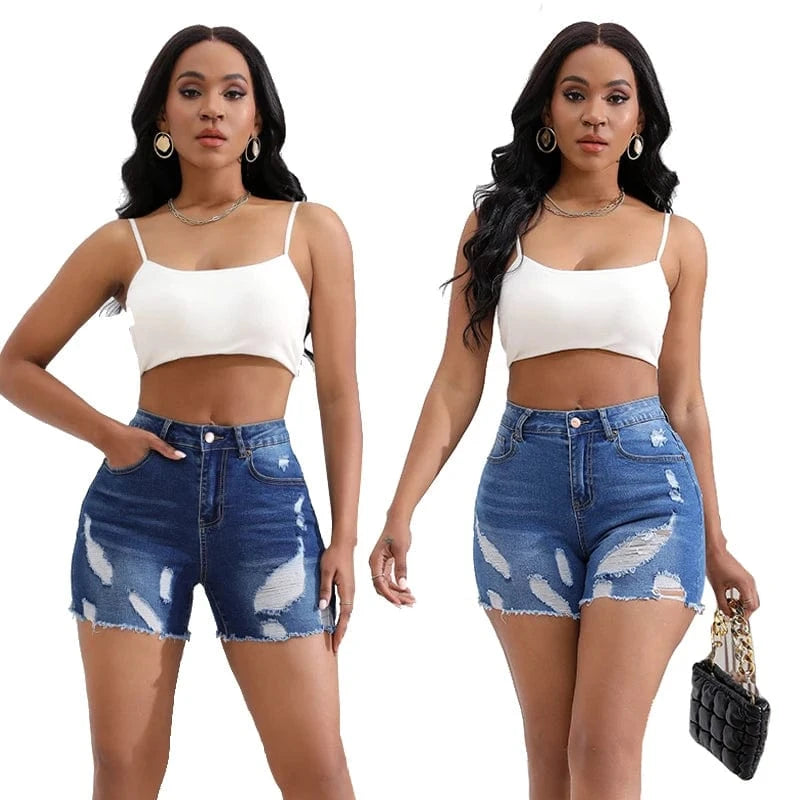 DK097 Women's High-Waisted Distressed Cut-Off Ripped Stretch Denim Shorts
