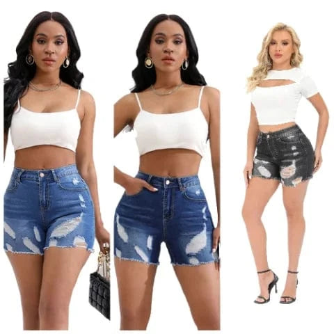 DK097 Women's High-Waisted Distressed Cut-Off Ripped Stretch Denim Shorts
