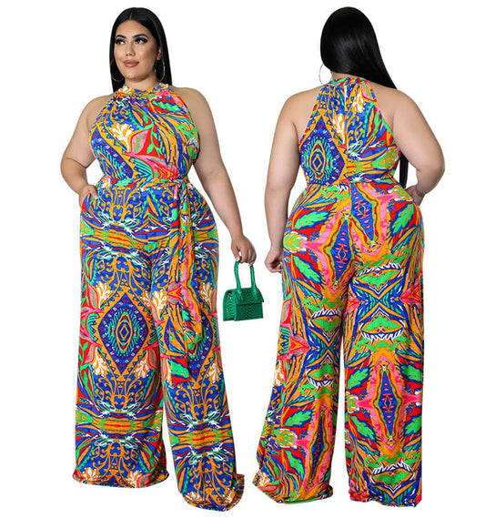 DM218137 2022 new arrival summer tie dye full length wide  plus size women clothing  one piece plus size jumpsuits