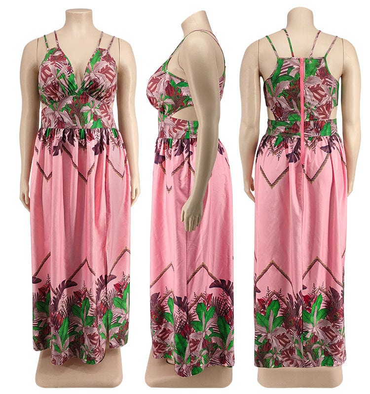 DM28163  2022 new arrival plus size flower printing v neck babydoll maxi standard suspender skirt sleeveless women dress