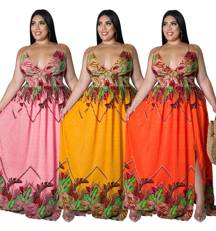 DM28163  2022 new arrival plus size flower printing v neck babydoll maxi standard suspender skirt sleeveless women dress